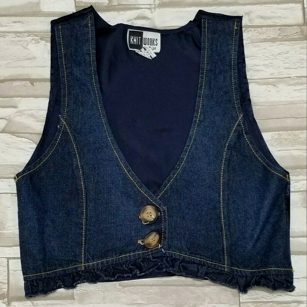 Knit Works Kids Vintage Cropped Dark Denim & Navy Satin Fashion Vest- Medium 7/8